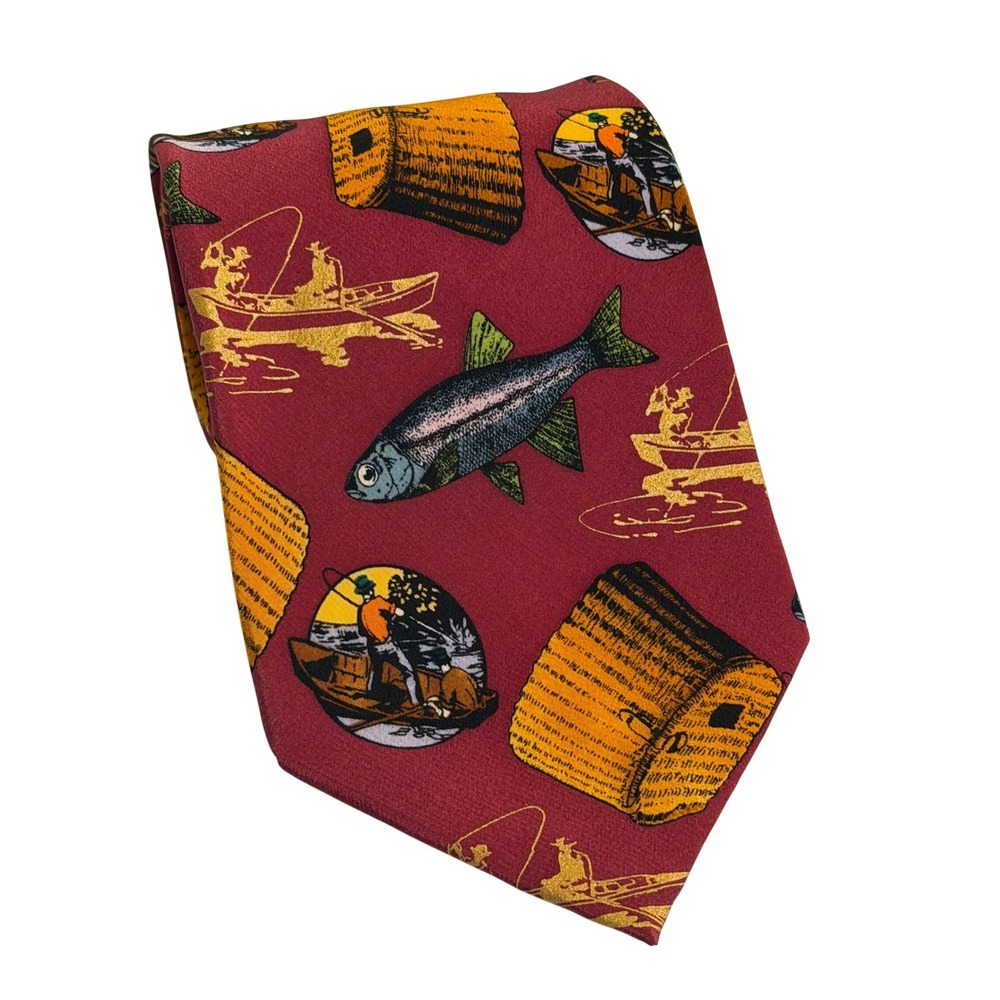 VTG Lillian Vernon Tie Maroon Fishing Trout Novelty Silk 1992 Outdoors Men Retro